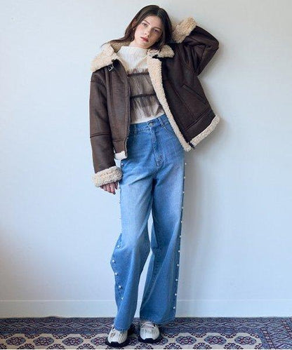 珍珠裝飾牛仔褲【韓國時尚】