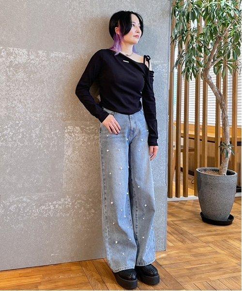 珍珠裝飾牛仔褲【韓國時尚】