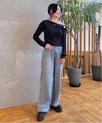 珍珠裝飾牛仔褲【韓國時尚】