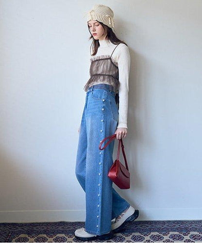 珍珠裝飾牛仔褲【韓國時尚】