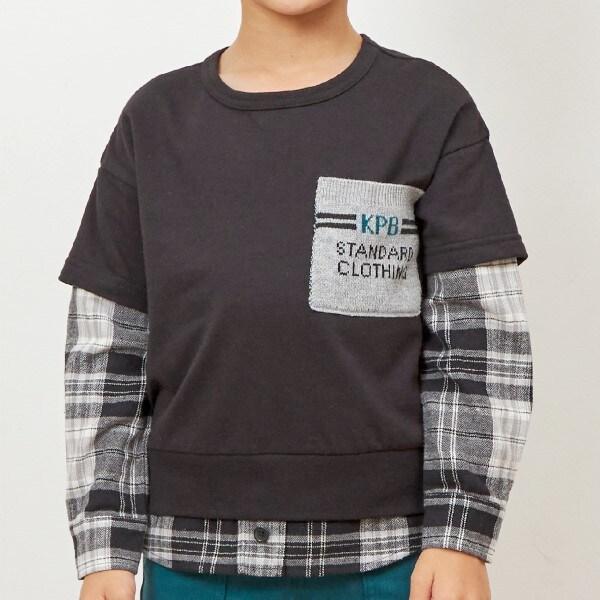 格紋與薄絨拼接疊穿風衛衣（90～160）