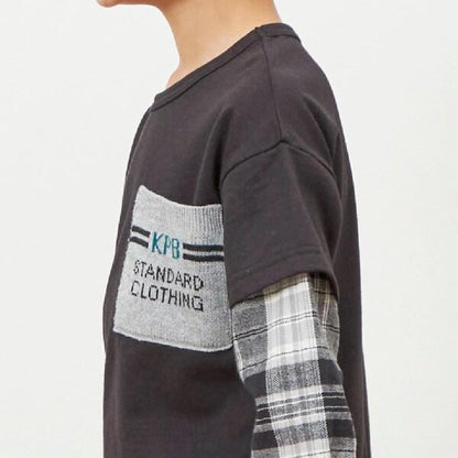 格紋與薄絨拼接疊穿風衛衣（90～160）