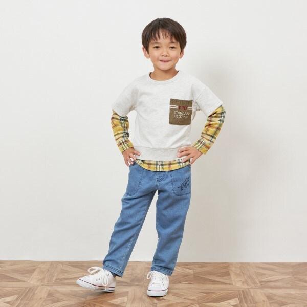 格紋與薄絨拼接疊穿風衛衣（90～160）