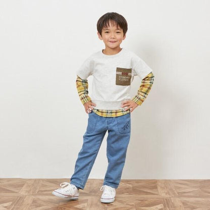 格紋與薄絨拼接疊穿風衛衣（90～160）