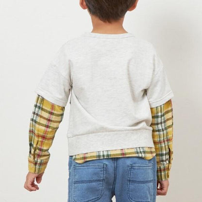 格紋與薄絨拼接疊穿風衛衣（90～160）