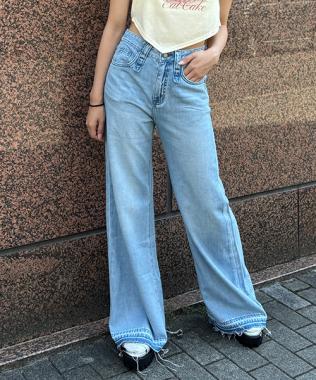 牛仔褲腳加工寬鬆長褲【韓國時尚】