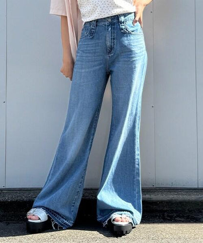 牛仔褲腳加工寬鬆長褲【韓國時尚】