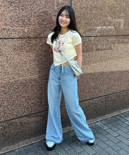 牛仔褲腳加工寬鬆長褲【韓國時尚】