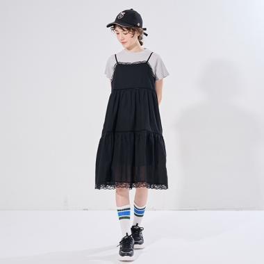 【AMI】棉質蕾絲吊帶連衣裙×T恤套裝