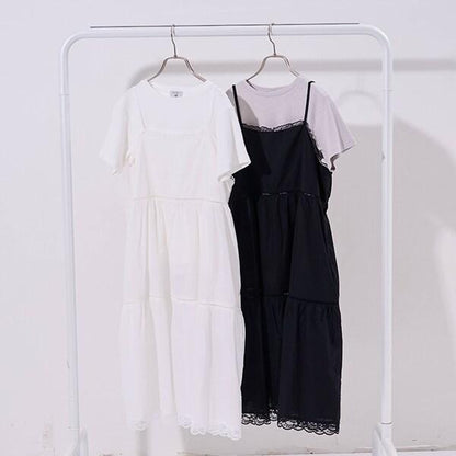 【AMI】棉質蕾絲吊帶連衣裙×T恤套裝
