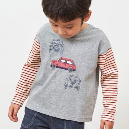 KPBOY 汽車圖案袖子條紋長袖T恤（80～140）