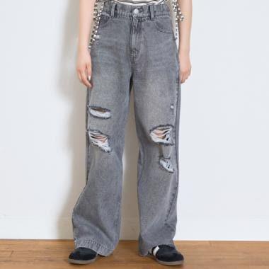【LTXC】破洞牛仔寬腿褲