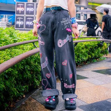 復刻款裝飾性寬鬆牛仔褲