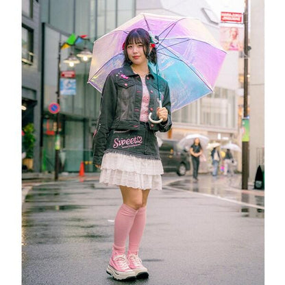 復刻♪ 牛仔拼接蕾絲甜美半身裙