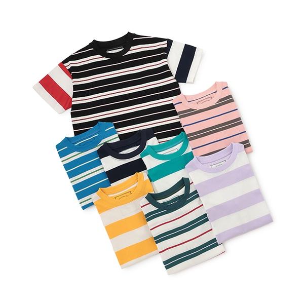 【純棉100%】【365D.】多色條紋寬鬆短袖T恤