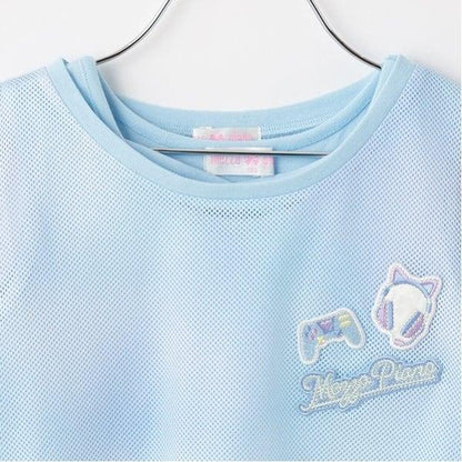 扎染風格露肩網紗拼接背心套裝