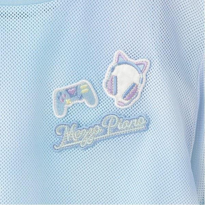 扎染風格露肩網紗拼接背心套裝