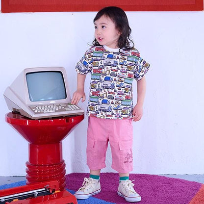 汽車與街道刺繡六分丈工裝褲