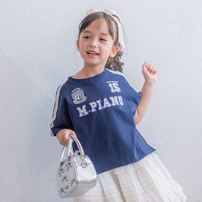 蕾絲標誌貼花袖部條紋T恤