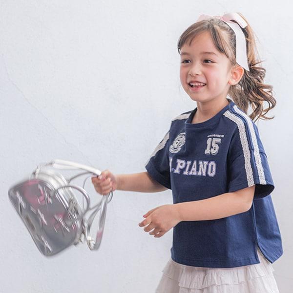 蕾絲標誌貼花袖部條紋T恤