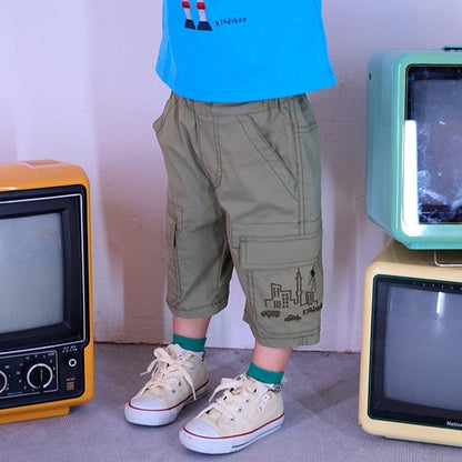 汽車與街道刺繡六分丈工裝褲