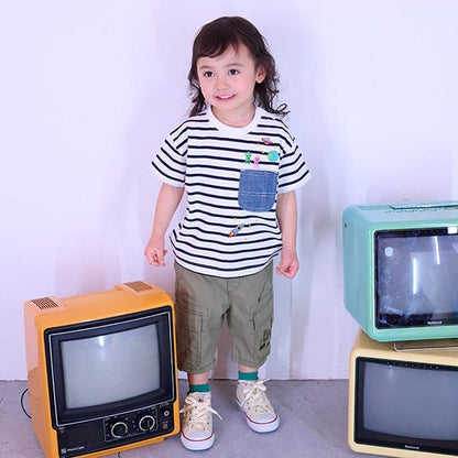 汽車與街道刺繡六分丈工裝褲