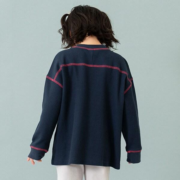 拼接華夫格寬鬆長袖T恤