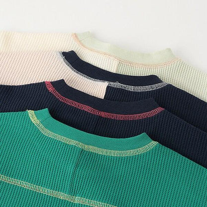 拼接華夫格寬鬆長袖T恤