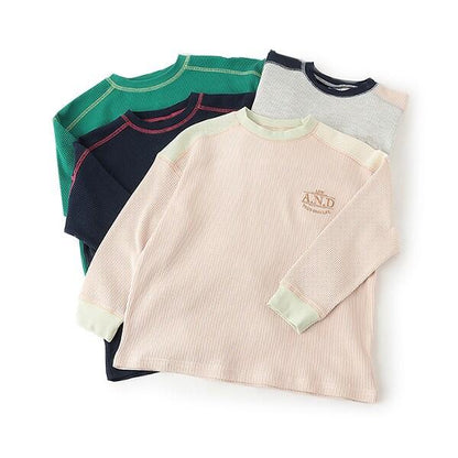 拼接華夫格寬鬆長袖T恤