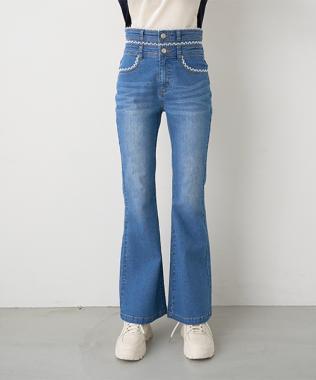 蕾絲拼接牛仔喇叭褲【韓國時尚】