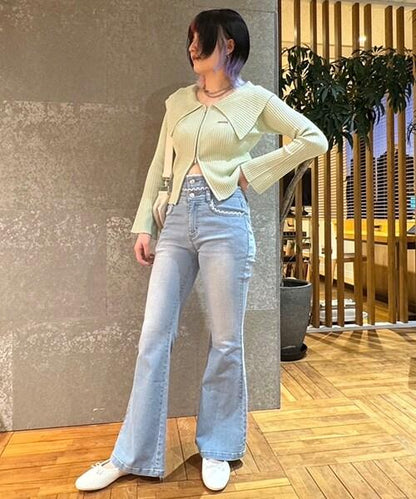 蕾絲拼接牛仔喇叭褲【韓國時尚】