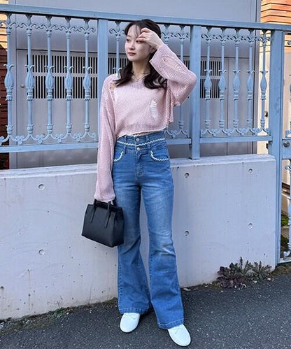 蕾絲拼接牛仔喇叭褲【韓國時尚】