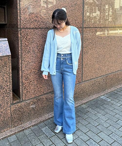 蕾絲拼接牛仔喇叭褲【韓國時尚】