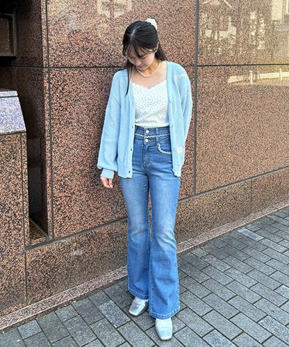 蕾絲拼接牛仔喇叭褲【韓國時尚】