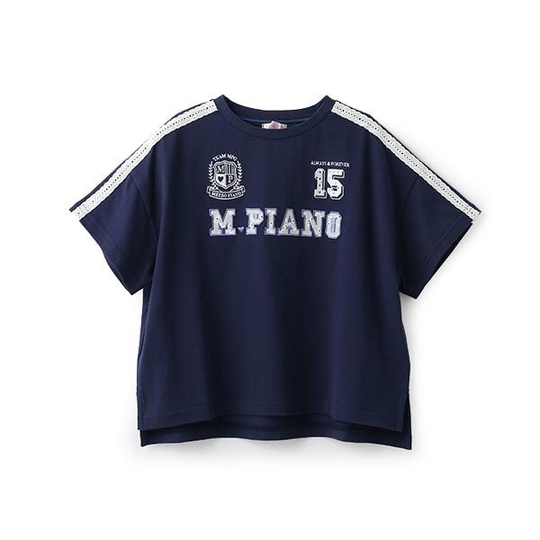 蕾絲標誌貼花袖部條紋T恤