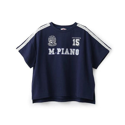 蕾絲標誌貼花袖部條紋T恤