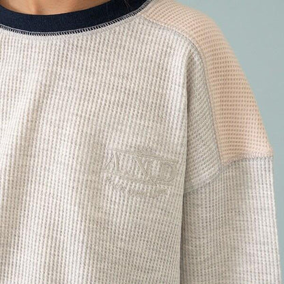 拼接華夫格寬鬆長袖T恤