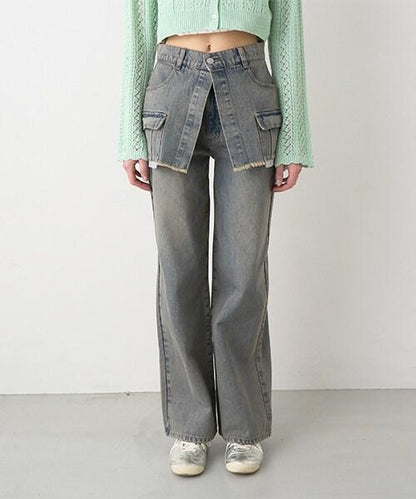 帶裹身設計牛仔寬腿褲【韓國時尚】