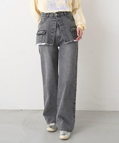 帶裹身設計牛仔寬腿褲【韓國時尚】