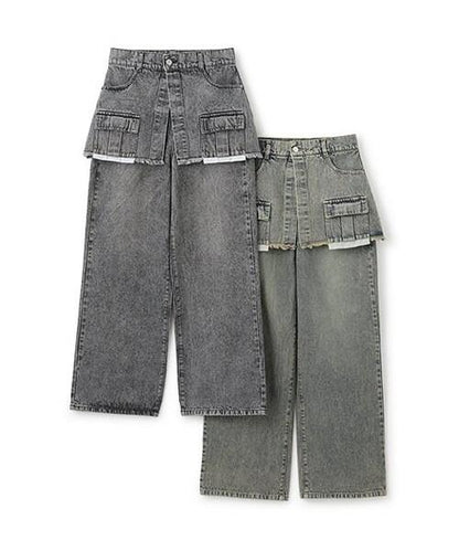 帶裹身設計牛仔寬腿褲【韓國時尚】