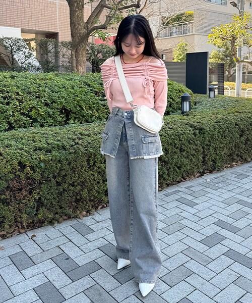 帶裹身設計牛仔寬腿褲【韓國時尚】