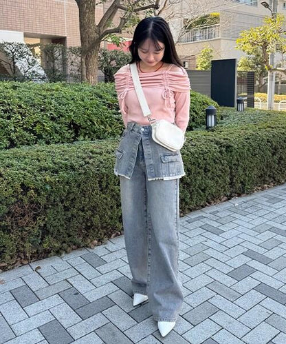 帶裹身設計牛仔寬腿褲【韓國時尚】