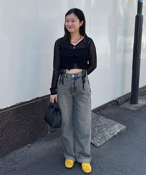 帶裹身設計牛仔寬腿褲【韓國時尚】