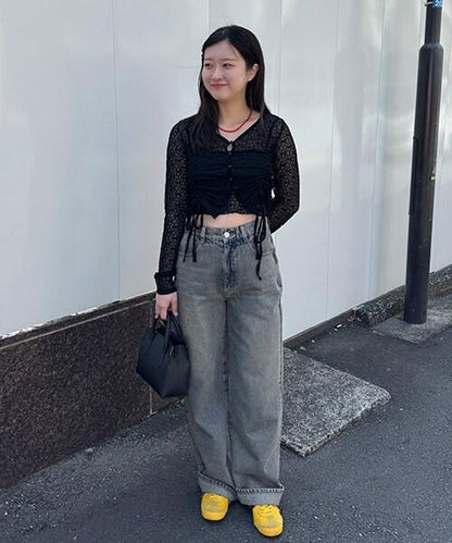 帶裹身設計牛仔寬腿褲【韓國時尚】
