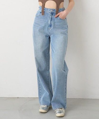 褶皺牛仔寬腿褲【韓國時尚】