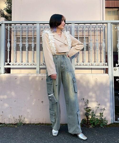 牛仔工裝褲【韓國時尚】