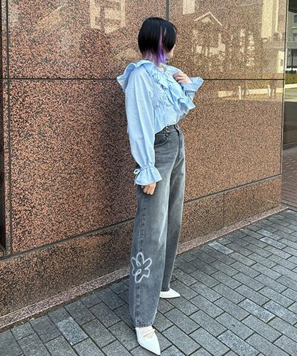 褶皺牛仔寬腿褲【韓國時尚】