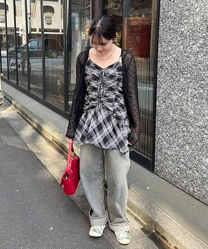 帶裹身設計牛仔寬腿褲【韓國時尚】