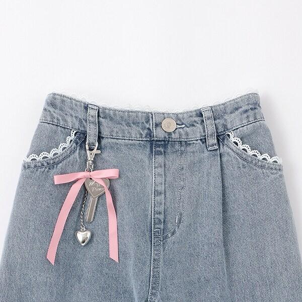 帶吊墜蕾絲飾邊牛仔褲