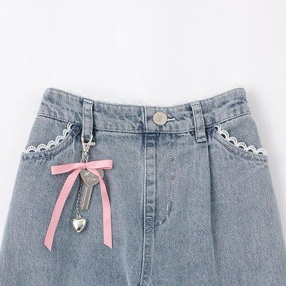 帶吊墜蕾絲飾邊牛仔褲